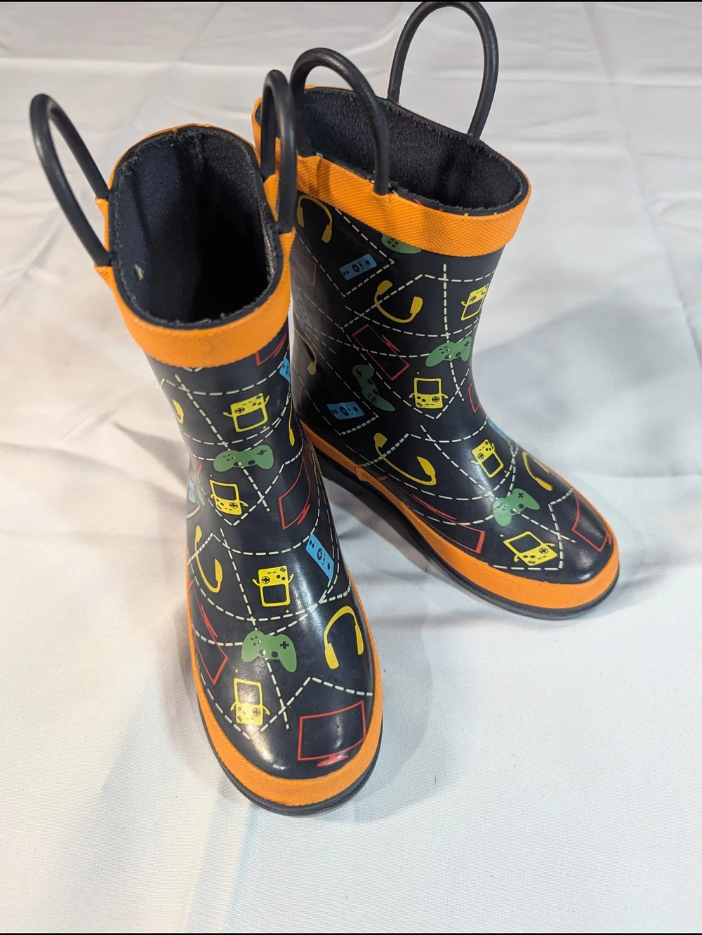 Kids Black Rain Boots with Orange Trim and Gaming Icons - Size 9/10